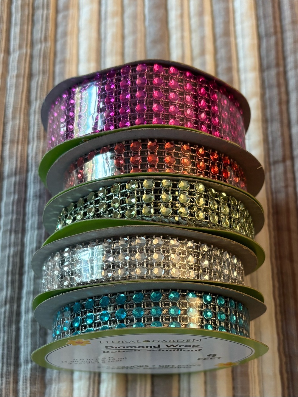 Diamond Wrap. Rhinestone Trim Rolls Red, Magenta, Turquoise, Silver, and Green